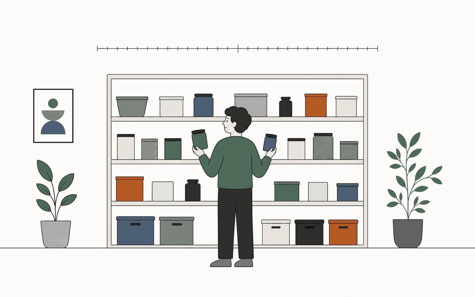 An illustration of a person standing still in front of a shelf with a container in each hand, deciding.