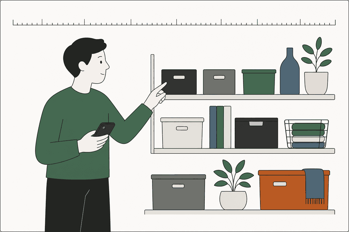 An illustration of someone glancing along a shelf with a phone in hand.