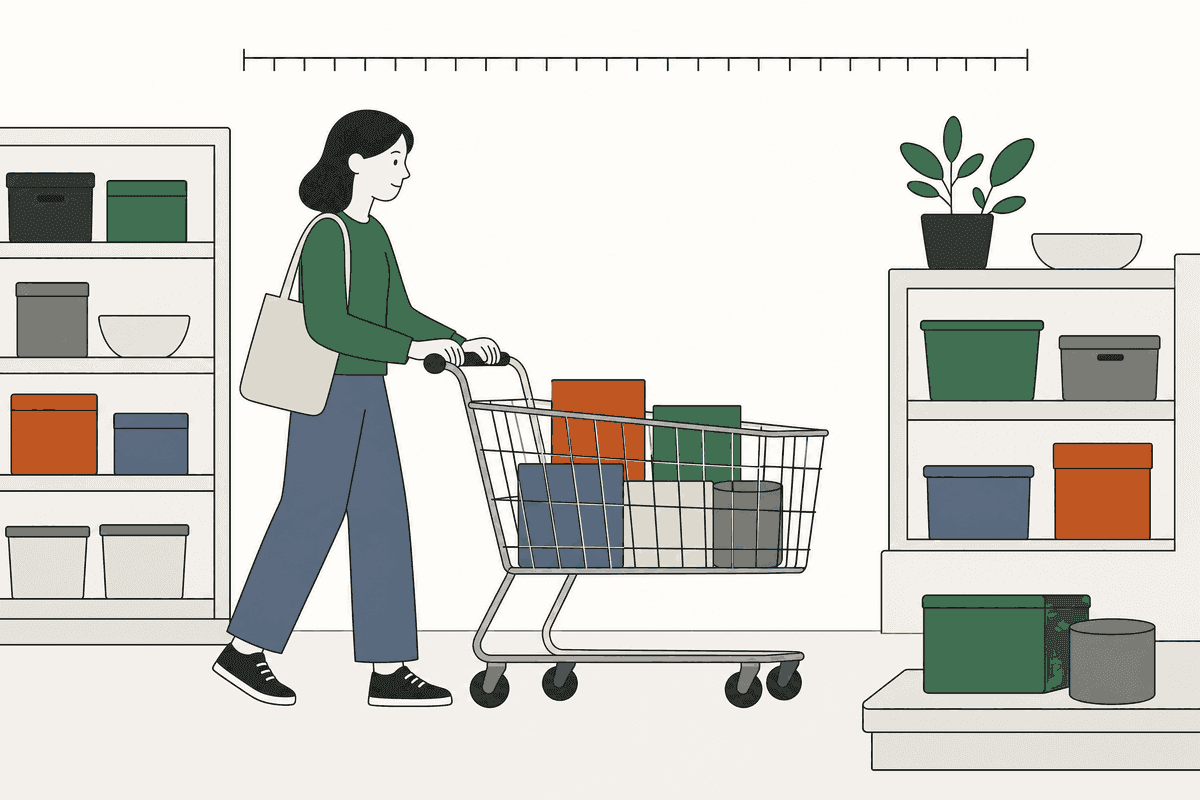 An illustration of a shopping trolley holding several plain containers of different sizes.